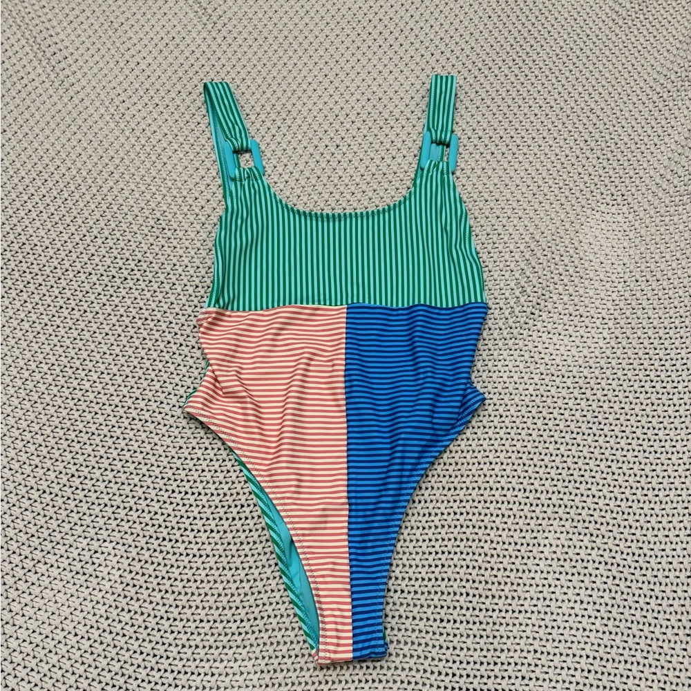 Aerie Green, Pink, and Blue Striped One Piece Swimsuit
